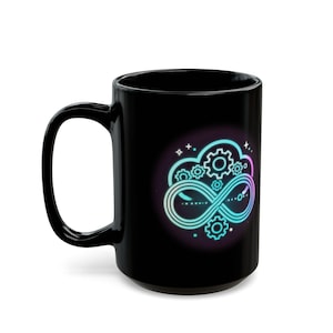 May include: Black coffee mug with a neon-style design featuring gears and an infinity symbol in teal, pink, and purple. The mug has a large handle and a glossy finish. A great gift for tech enthusiasts.