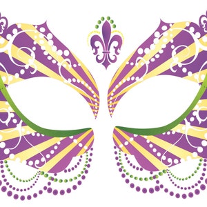 May include: Purple and gold Mardi Gras mask with a fleur-de-lis design and green and purple beads.