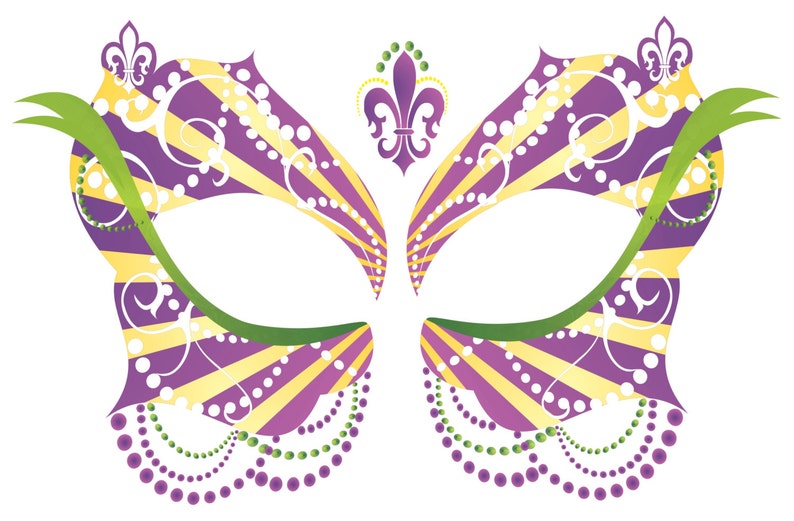 May include: Purple and gold Mardi Gras mask with a fleur-de-lis design and green and purple beads.