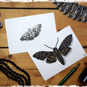2er Set Postkarten "Nachtfalter" - DIN A 6 Kunstdruck Tuschezeichnung Gothic Vintage