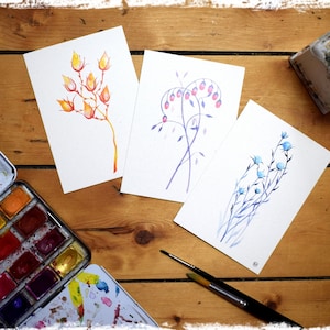 Jeu de 3 cartes postales « Fleurs fantastiques » - Tirages d’art DIN A 6 Aquarelle Fleurs Cartes de vœux
