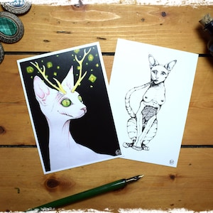 Jeu de 2 cartes « Cat Goddesses » - Carte postale Art Fantasy Mysticisme Aquarelle