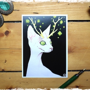 Karte "Katze mit Geweih" - Postkarte Kunst Fantasy Mystik Aquarell
