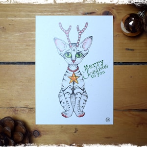 Carte de Noël Chaton Magique - Dessin Aquarelle