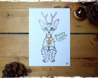 Christmas Card Magic Kitten - Watercolor Drawing