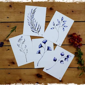 Karten 5er Set- Alle blaue Blumen - Postkarte Kunst Aquarell minimalistisch Botanik boho Grußkarte Geschenk