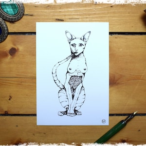 Karte "Katzengöttin" - Postkarte Kunst Fantasy Mystik Tusche