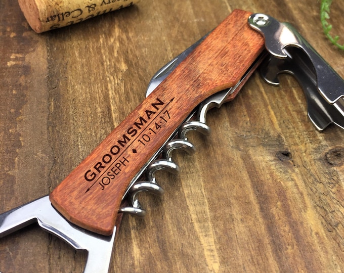 Featured listing image: Personalized Bottle Opener Corkscrew - Groomsman Gift - Wedding Favor - Customized - Bottle Opener - Custom Corkscrew - Wine Corkscrew