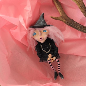 OOAK Paperclay Witch Figurine – Pastel Gothic Decor, Pink Hair