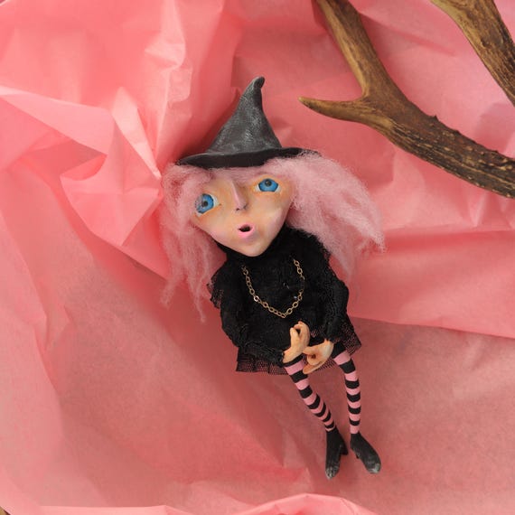 Pastel Gothic Witch Figurine – OOAK Miniature Paperclay Doll With