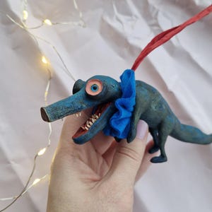 Handmade Paperclay Alligator Christmas Ornament: Weird Blue Festive Decor