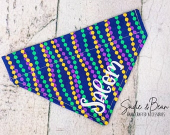 Bandana dla psa Mardi Gras, Koraliki, Tłusty Wtorek, Bandana z monogramem, spersonalizowana, bandana dla psa, Koraliki, Na Kołnierzyk, Nola, Nowy Orlean, Impreza