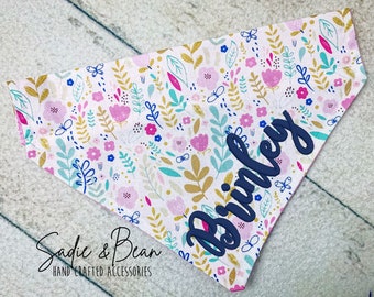 fall Floral Dog Bandana, Embroidered, Flowers, personalized, wheat, Floral, personalized, small flowers, cat bandana, over the collar
