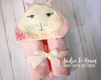 Kids Personalized Towel Ships out in 24 Hours Cotton Bath Cat Decor Kitten Monogrammed Gift READY TO SHIP Cat Hooded Towel