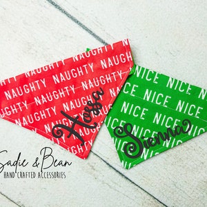 Christmas Dog Bandana, naughty, nice, funny, Embroidered, monogram Bandana, Christmas, winter, holiday, green, dog bandana, cat, collar, red