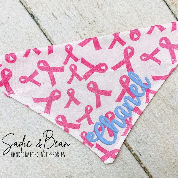 Pink Ribbon Dog Bandana, Embroidered, Pink, personalized, breast Cancer, awareness, October, cancer, dog Bandana, personalized, dog bandana