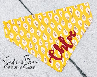 Fall Dog Bandana, Embroidered, Fall Leaves, fall, pumpkins, monogram Bandana, Bandana, personalized, dog bandana, over the collar, marigold