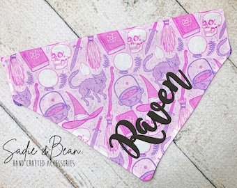 Chien sorcière Bandana, Brodé, Sorcière, balai, crâne, chute, citrouille, monogramme Bandana, personnalisé, chien bandana, Halloween, Over The Collar