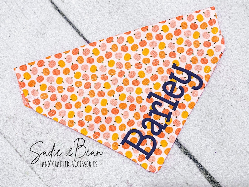 May include: A pink and white dog bandana with a pumpkin pattern and the name "Bailey" embroidered in navy blue. The bandana is made by Sadie & Bean, hand-crafted accessories.