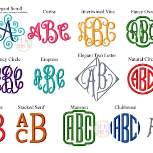 May include: A graphic showing 12 different monogram styles, each with the letters ABC. The styles include Elegant Scroll, Curtsy, Intertwined Vine, Fancy Oval, Fancy Circle, Empress, Elegant Two Letter, Natural Circle, Stacked Sans, Stacked Serif, Mansion, Clubhouse, and Carson.