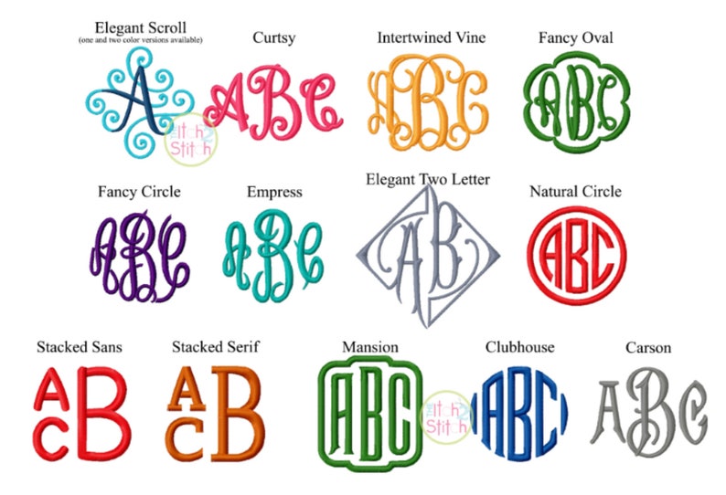 May include: A graphic showing 12 different monogram styles, each with the letters ABC. The styles include Elegant Scroll, Curtsy, Intertwined Vine, Fancy Oval, Fancy Circle, Empress, Elegant Two Letter, Natural Circle, Stacked Sans, Stacked Serif, Mansion, Clubhouse, and Carson.