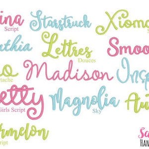 May include: A collection of cursive font names in various colors, including pink, green, blue, and yellow. The names include Ballerina, Starstruck, Xiomara, Corinthia, Lettres, Smoothie, Hello, Madison, Inspiration, Pretty, Magnolia, Autumn, Watermelon, and Sadie & Bean. The text "HAND CRAFTED ACCESSORIES" is also included.