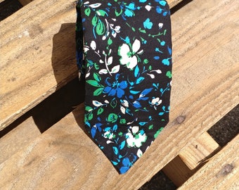 Black and Blue Flowers, Floral Necktie, Blue and White Flowers, Black Necktie