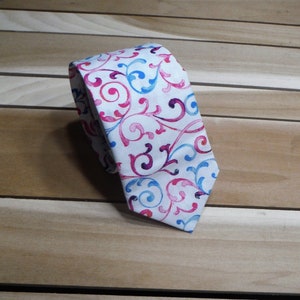 Watercolor Scroll Necktie, Pink and Blue Necktie, Gender Reveal Necktie, White Necktie