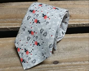 Gray Necktie With Red Flowers, Floral Necktie