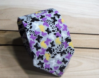 Purple Black and Yellow Butterfly Necktie, Butterflies Necktie, Black and White Necktie, Fun Necktie