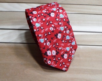 Red Mini Floral Necktie, Classic Red Necktie, Traditional Necktie