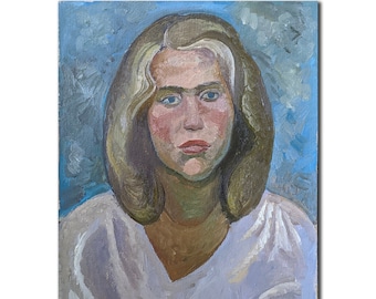 VINTAGE PORTRAIT of a GIRL Original Oil Painting by Ukrainian artist T.Krasnaya, 1970s, Portrait of a woman, Female portrait, Wall art work