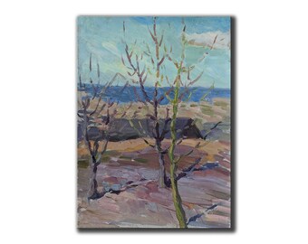 Trees VINTAGE SPRING LANDSCAPE Framed original oil painting by a Soviet Ukraine artist I.Tsyupka Meadows Nature 1960s Ready to hang art