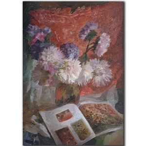 Bodegón vintage con ásteres, pintura al óleo original impresionista del artista ucraniano A. Kozhekov, década de 1980, obra de arte floral, pintura de flores
