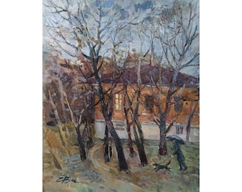 Vintage origineel olieverfschilderij herfstlandschap van de Oekraïense kunstenaar E.Vasilevskaya, wandelen in de regen, bomen natuur impressionistische muurkunst