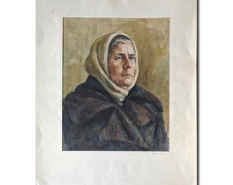 Vintage Female Portrait, Original Watercolor Painting by Ukrainian Artist, 1949