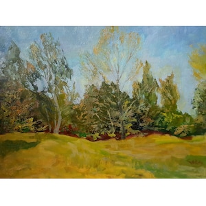 Vintage original oil painting Summer landscape by Ukrainian artist V.Gnatyuk, 1982, Woodland scenery, Trees, Nature, Impressionist wall art
