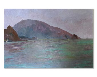 PAISAJE MARINO Pintura al óleo original vintage del artista ucraniano soviético J.Belopoly 1980s Sescape, Orilla del mar, Costa rocosa, Montañas, Gaviota