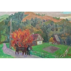 Vintage Impressionist Original Oil Painting by Ukrainian artist T.Krasnaya Farm in the Carpathians, 1970s, Nature scene, Mountain farm