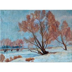 VINTAGE OIL PAINTING, Original oil painting on canvas by Unknown Ukrainian artist, Winter, 1970s Impressionism art, Nature View, Snowy Scene