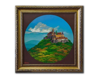 Framed original oil painting on cardboard Mountains landscape by Unknown Ukrainian artist, Castle painting, Clouds, Skyscape, Art Collector