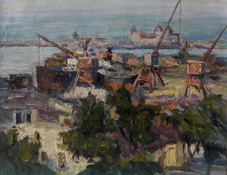 1960s Port art Cranes INDUSTRIAL LANDSCAPE Vintage Original Oil Painting by Soviet Ukrainian artist V.Migulko Socialist Realism artwork