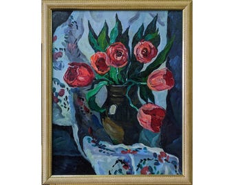 Vintage Tulips Still Life Oil Painting: Framed Floral Artwork by V.Shmitko