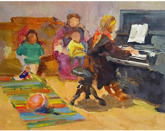 Vintage Ukrainian Oil Painting - Young Pianist, I.Yukhno, 1966