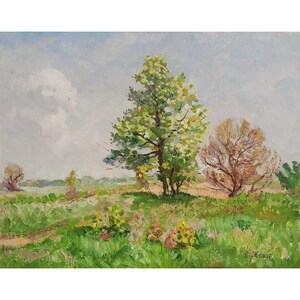 VINTAGE OIL PAINTING Original oil painting by Ukrainian artist A.Zhezher, Trees in the meadow, 1970s, Trees, Nature Scene, Seasonal Art