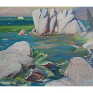 May include: An oil painting of a coastal scene featuring large, pale rock formations rising from turquoise and green water. A small boat sails in the distance beneath a cloudy sky. The artwork captures the interplay of light and shadow.