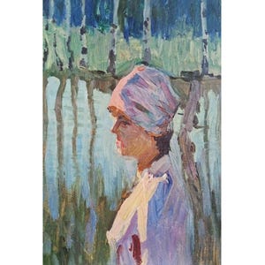 RETRATO VINTAGE DE UMA MENINA Pintura a óleo original do artista ucraniano V. Korobov, década de 1970, Retrato de uma mulher, Retrato feminino, Obra de arte de parede