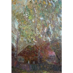 RURAL LANDSCAPE Vintage original oil painting by a Ukrainian artist V.Gnatyuk, Birch tree near the house 1984, Old House