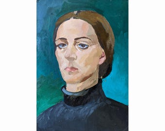Vintage original oil painting Portrait of a woman by Ukrainian artist I.Yukhno, 1966, Female portrait, Wall art work