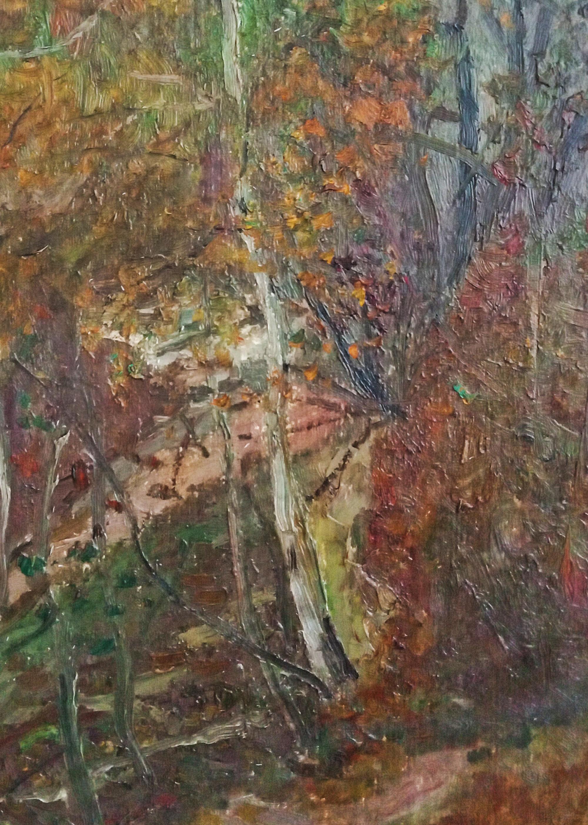 オリジナル油絵、秋の森の風景、印象派スタイル、署名入りアートワーク